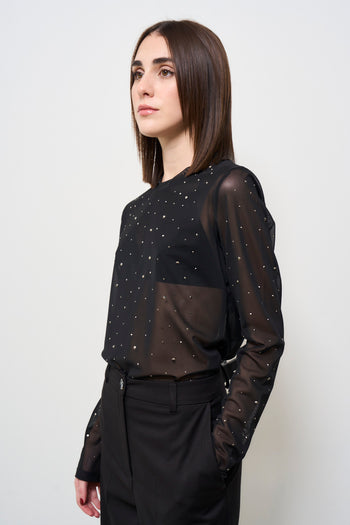 T-shirt donna in tulle nera con strass - 3