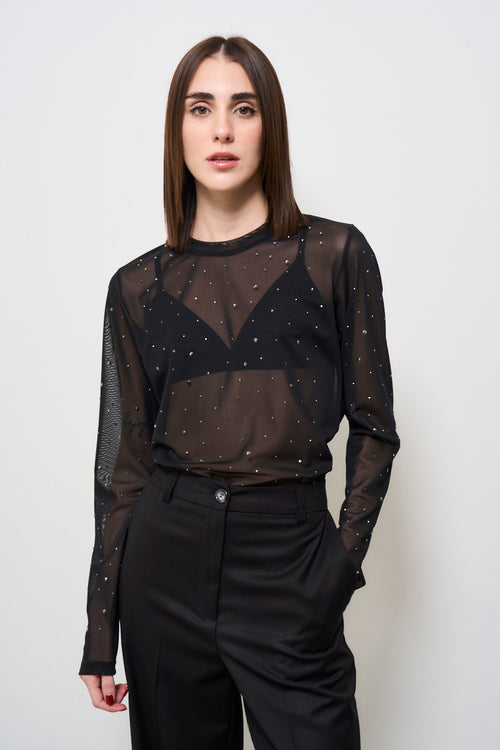 T-shirt donna in tulle nera con strass