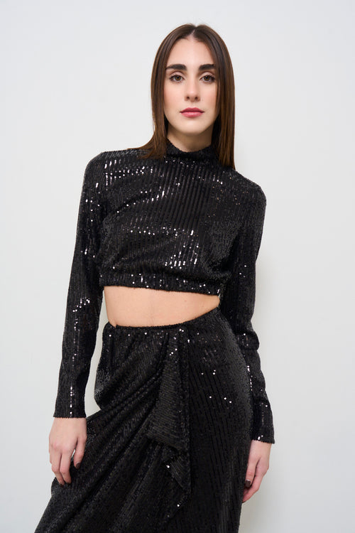 Top donna cropped con paillettes nero - 2