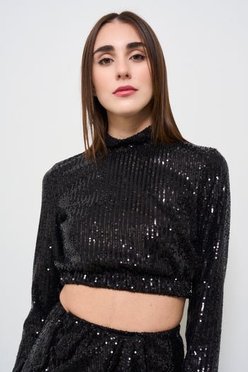 Top donna cropped con paillettes nero - 3