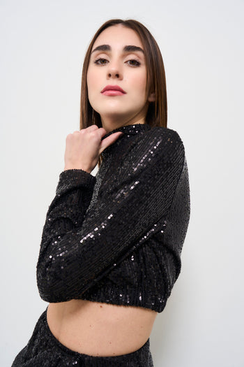 Top donna cropped con paillettes nero - 4