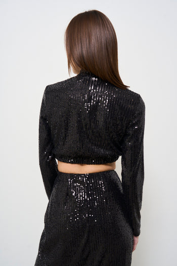 Top donna cropped con paillettes nero - 5