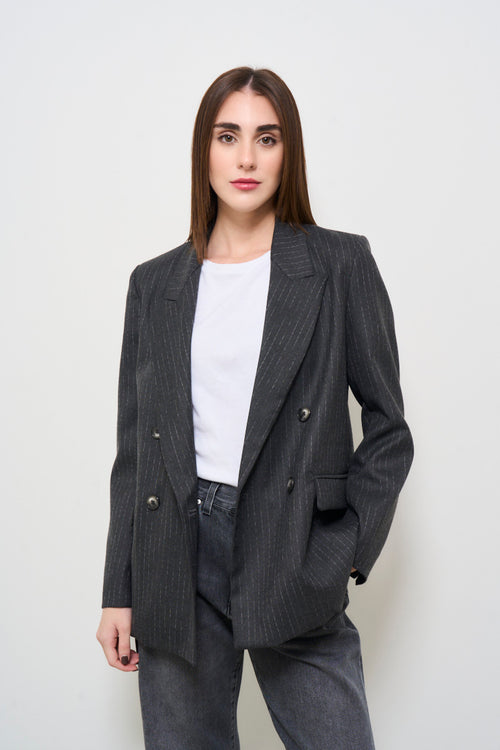 Women's double-breasted grey pinstripe jacket