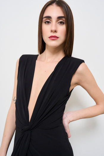 Women's long black dress with deep v-neck - 5