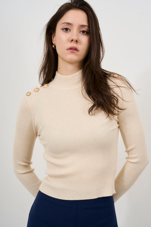 Beige high neck women's sweater - 2