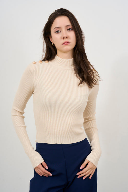 Beige high neck women's sweater - 1