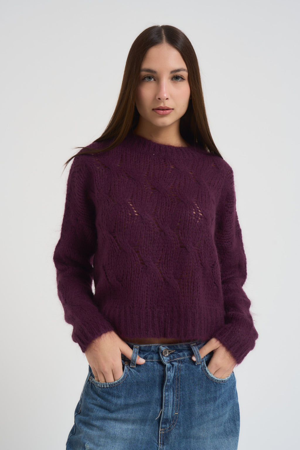 Maglia donna a trecce melanzana 3M0893CN MELANZANA KONTATTO 