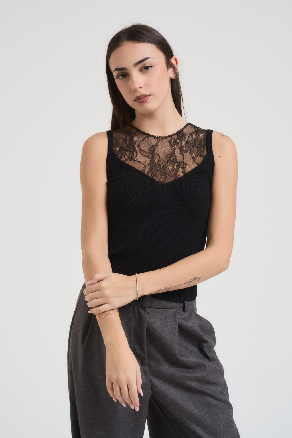 Top donna in pizzo e maglia nero 3M1048F NERO KONTATTO 