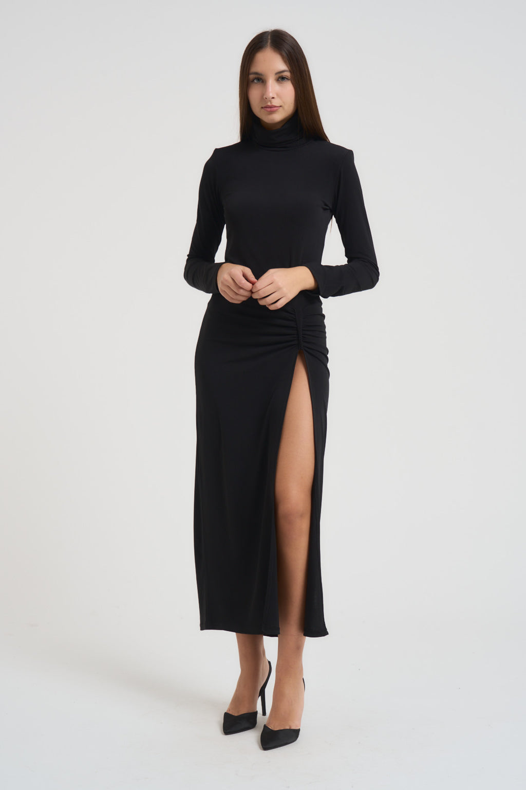 Abito donna lungo con spacco nero MR5040F NERO KONTATTO 