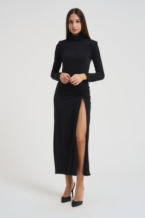 Abito donna lungo con spacco nero MR5040F NERO KONTATTO 