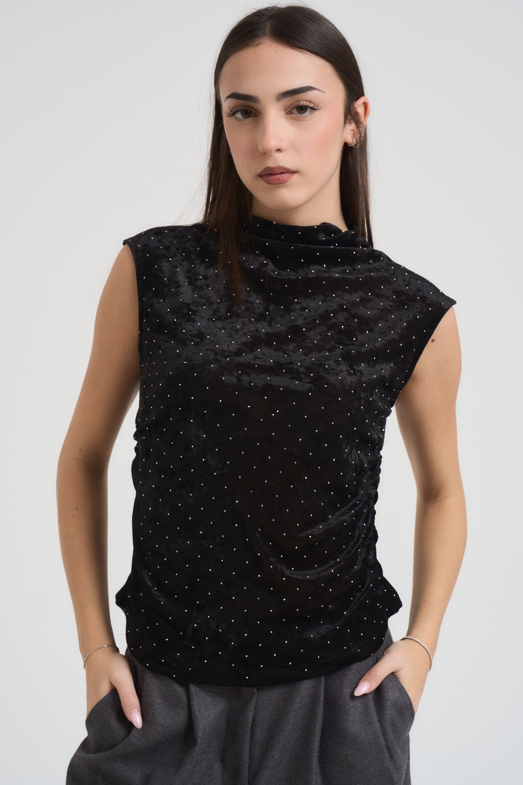 Top donna in velluto nero con strass MR5052F NERO KONTATTO 