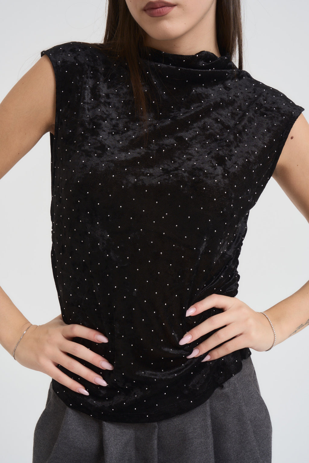 Top donna in velluto nero con strass MR5052F NERO KONTATTO 