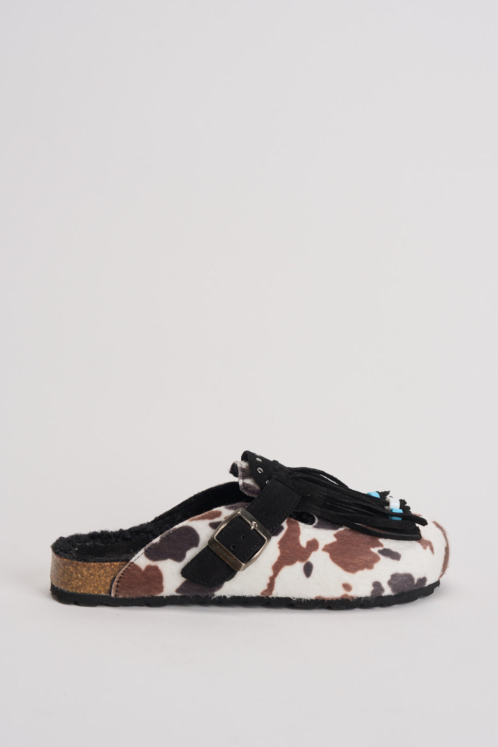 Sabot donna in suede animalier con frange DANDARA COW NERO BIANCO LAGOA 