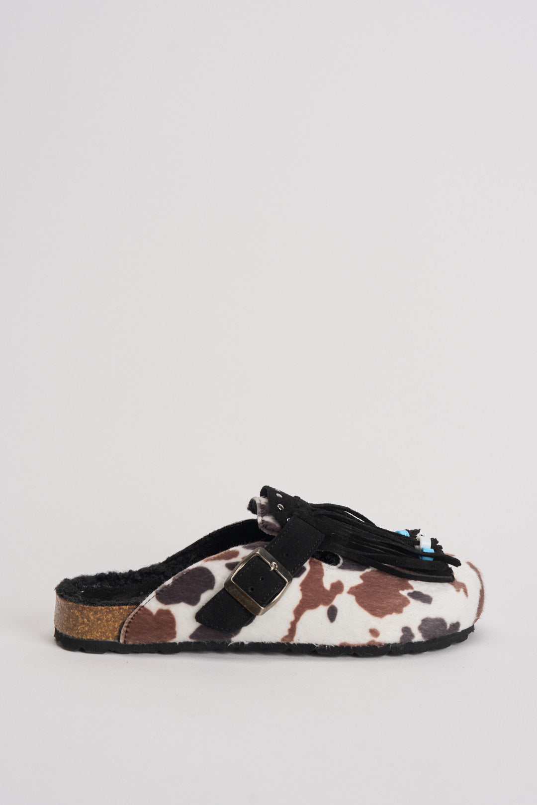 Sabot donna in suede animalier con frange DANDARA COW NERO BIANCO LAGOA 