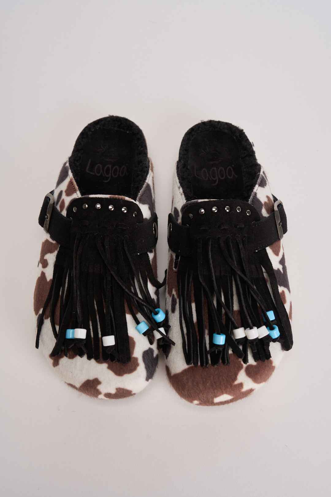 Sabot donna in suede animalier con frange DANDARA COW NERO BIANCO LAGOA 