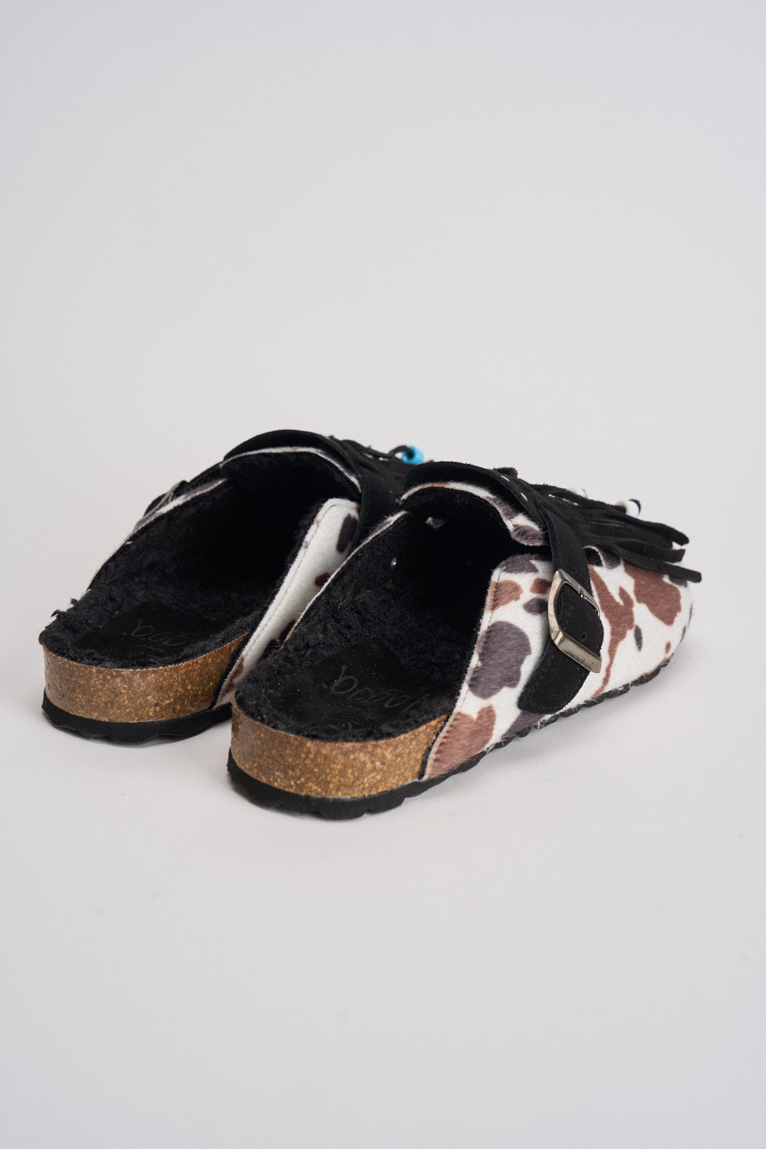 Sabot donna in suede animalier con frange DANDARA COW NERO BIANCO LAGOA 