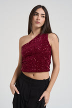 Top donna monospalla con paillettes bordeaux 2383 BORDEAUX LOKITA MILANO 
