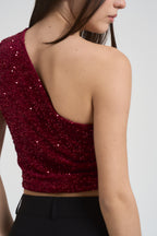 Top donna monospalla con paillettes bordeaux 2383 BORDEAUX LOKITA MILANO 