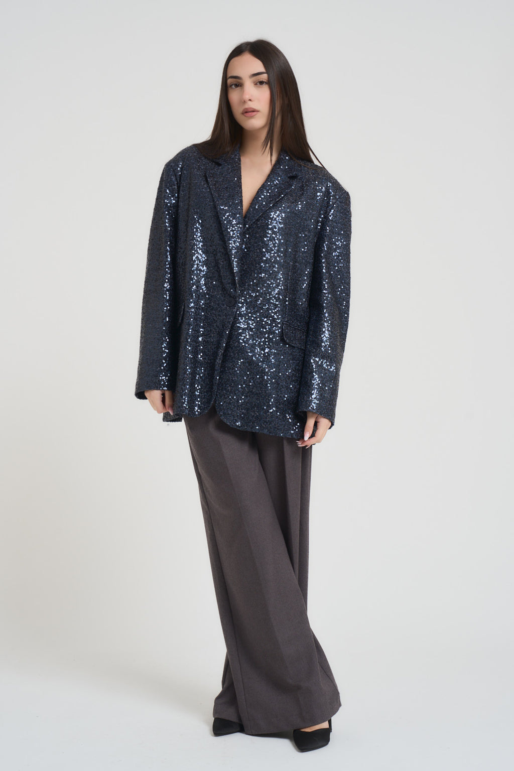 Giacca donna monoipetto con paillettes blu J623V308 BLU SUSY MIX 