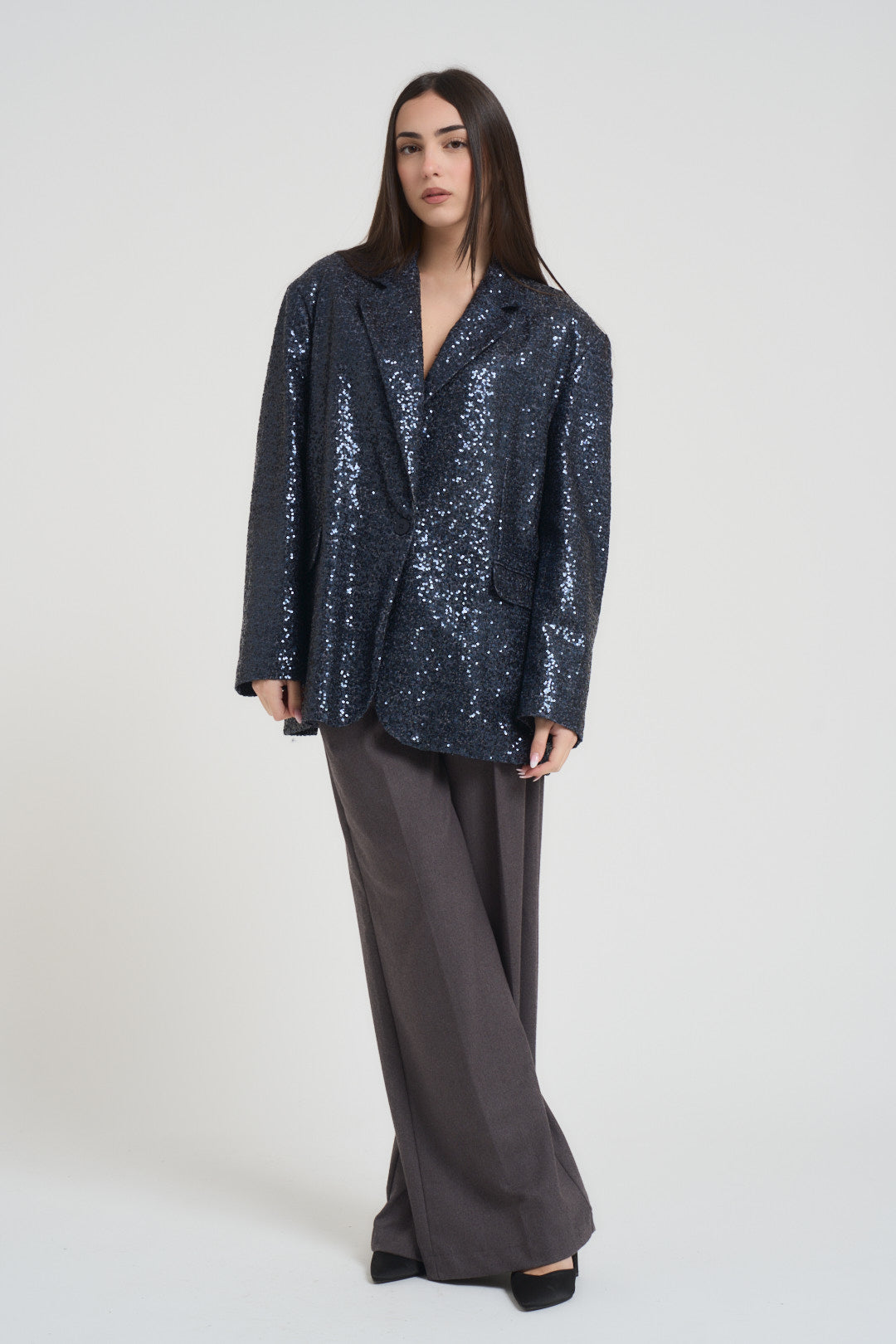 Giacca donna monoipetto con paillettes blu J623V308 BLU SUSY MIX 
