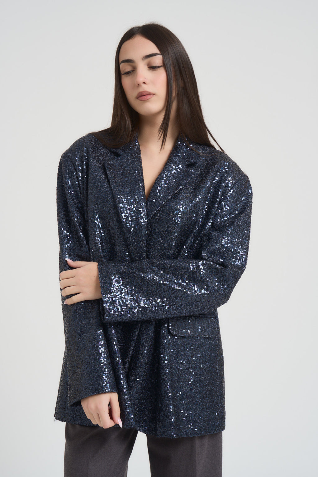 Giacca donna monoipetto con paillettes blu J623V308 BLU SUSY MIX 