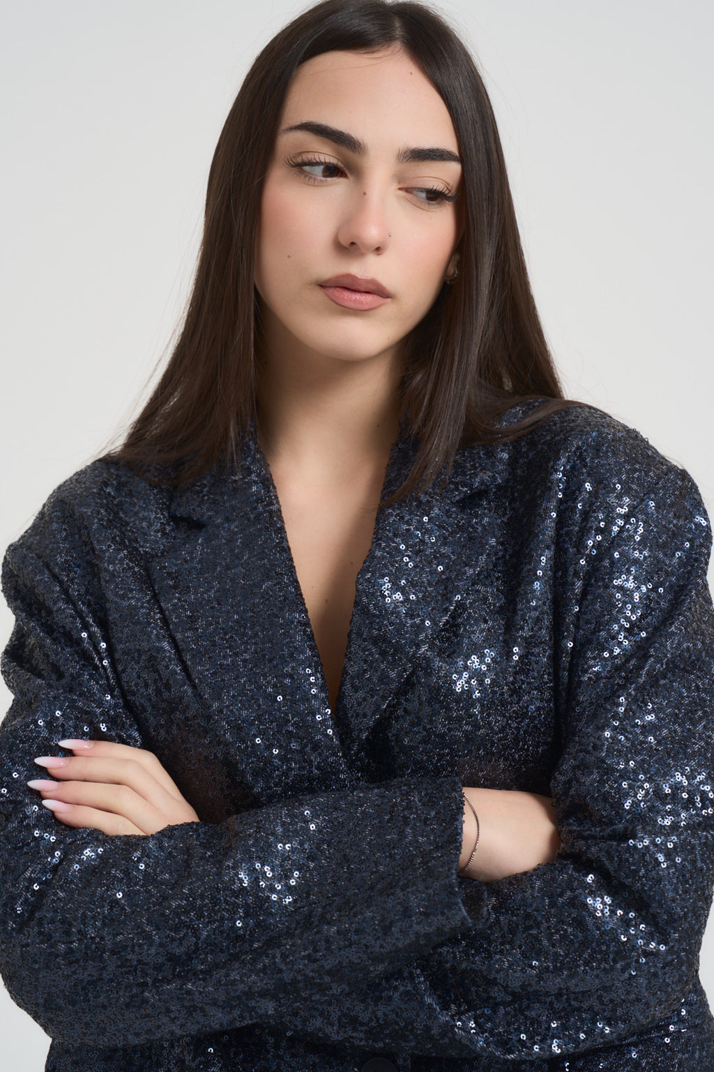 Giacca donna monoipetto con paillettes blu J623V308 BLU SUSY MIX 
