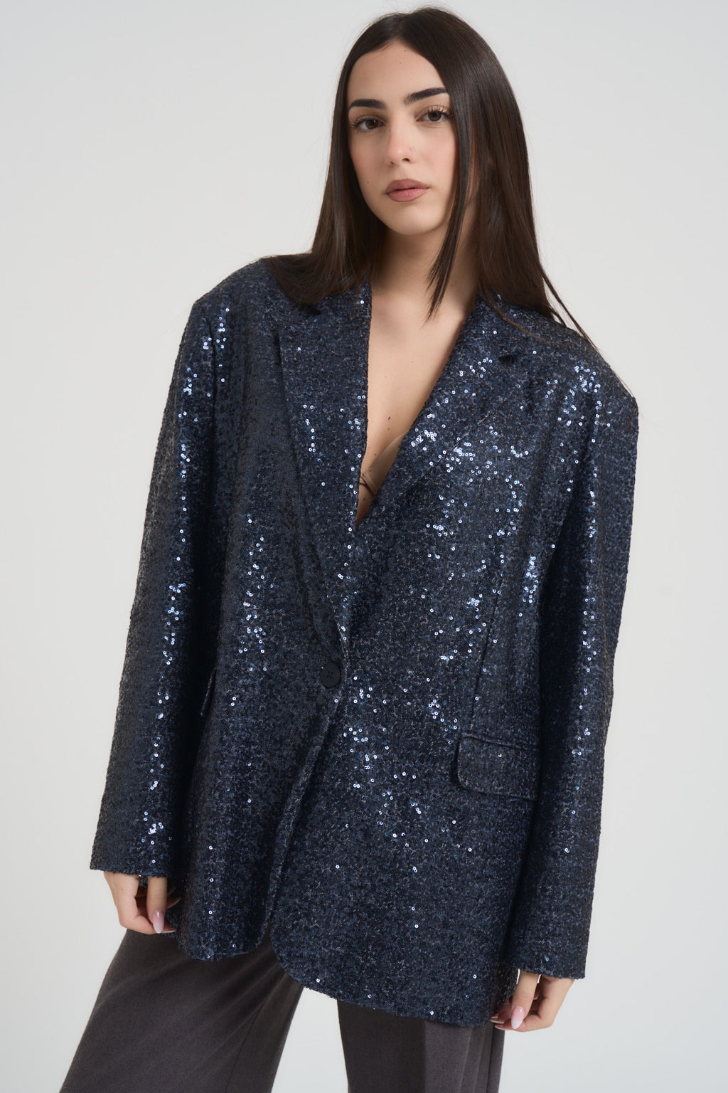 Giacca donna monoipetto con paillettes blu J623V308 BLU SUSY MIX 