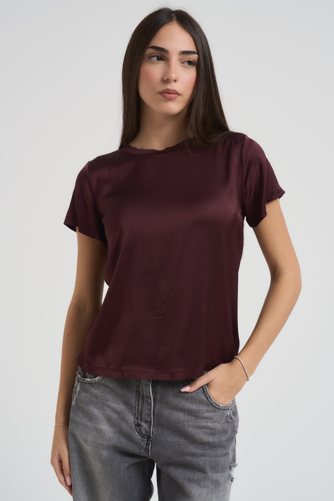 T-shirt donna girocollo satinata bordeaux FA705B 97QBRUNELLO VITTO 
