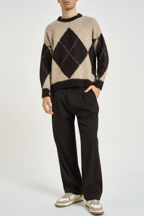 Maglione uomo girocollo con rombi beige e marrone - 1