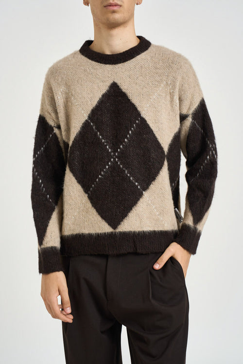 Maglione uomo girocollo con rombi beige e marrone - 2