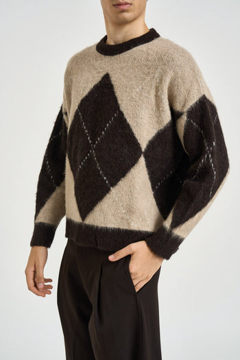 Maglione uomo girocollo con rombi beige e marrone - 3