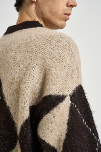 Maglione uomo girocollo con rombi beige e marrone - 6