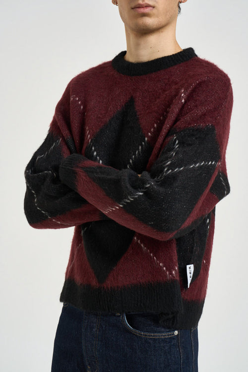 Maglione uomo girocollo con rombi bordeaux e nero - 2