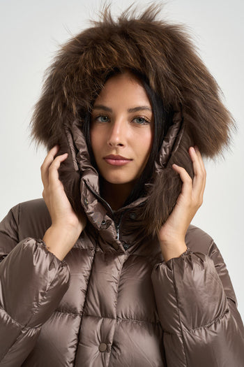 Piumino donna midi con cappuccio in pelliccia marrone - 5