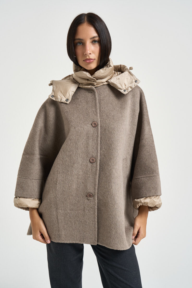 Cappotto donna over con cappuccio tortora 9818 WLA6170 BOMBOOGIE 