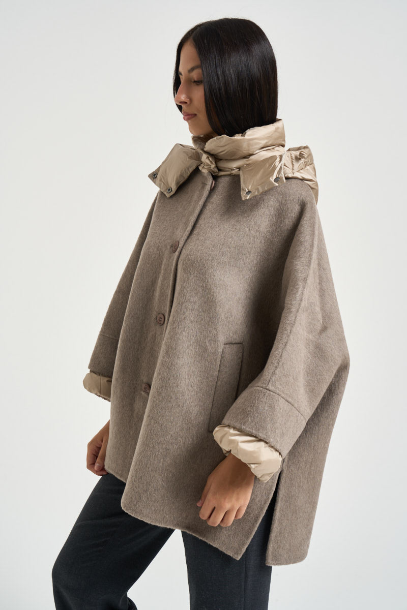 Cappotto donna over con cappuccio tortora 9818 WLA6170 BOMBOOGIE 