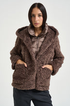 Giacca donna in ecopelliccia con cappuccio marrone GW9191 SFC6148 BOMBOOGIE 