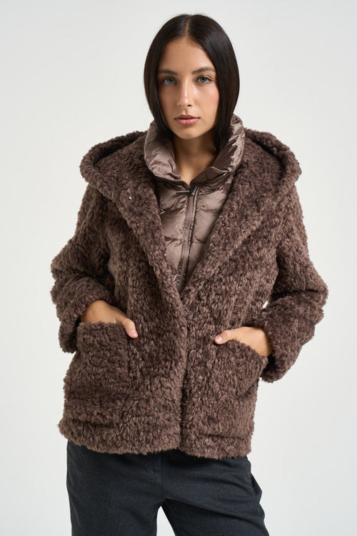 Giacca donna in ecopelliccia con cappuccio marrone