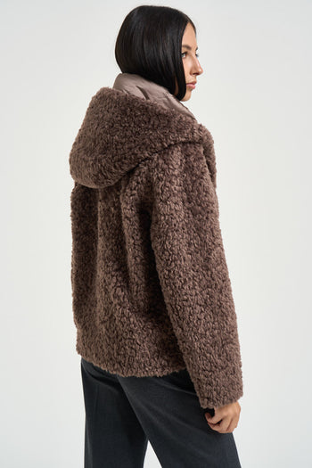 Giacca donna in ecopelliccia con cappuccio marrone - 3