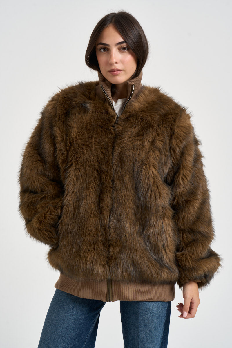 Giacca donna in ecopelliccia marrone G226072W BROWN CANADIAN 