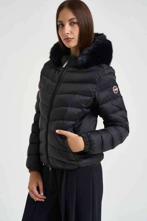 Piumino donna cappuccio in ecopelliccia nero - 2