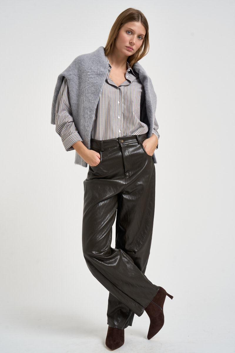 Camicia donna a righe verticali marroni e celeste pastello C881B056 MORO DIXIE 