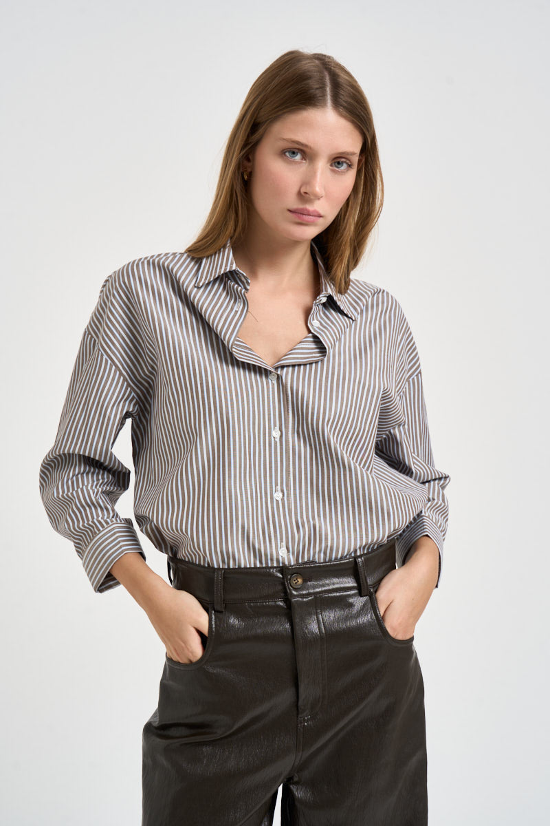 Camicia donna a righe verticali marroni e celeste pastello C881B056 MORO DIXIE 
