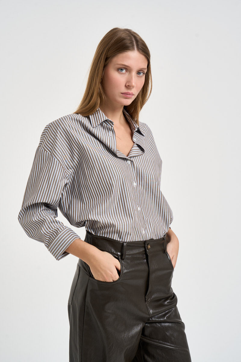 Camicia donna a righe verticali marroni e celeste pastello C881B056 MORO DIXIE 