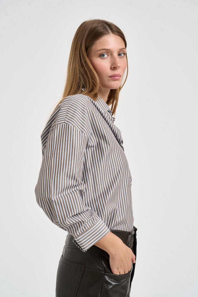 Camicia donna a righe verticali marroni e celeste pastello C881B056 MORO DIXIE 