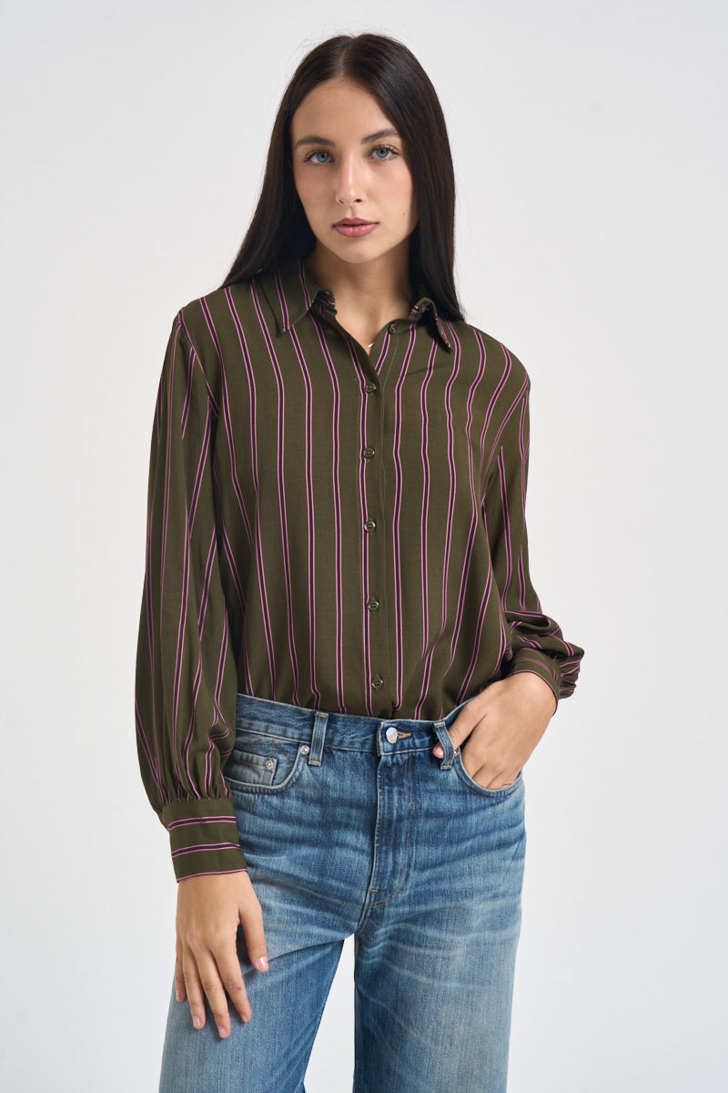 Camicia donna a righe verticali verde oliva e rosa CDQC2IR ROSA DIXIE 
