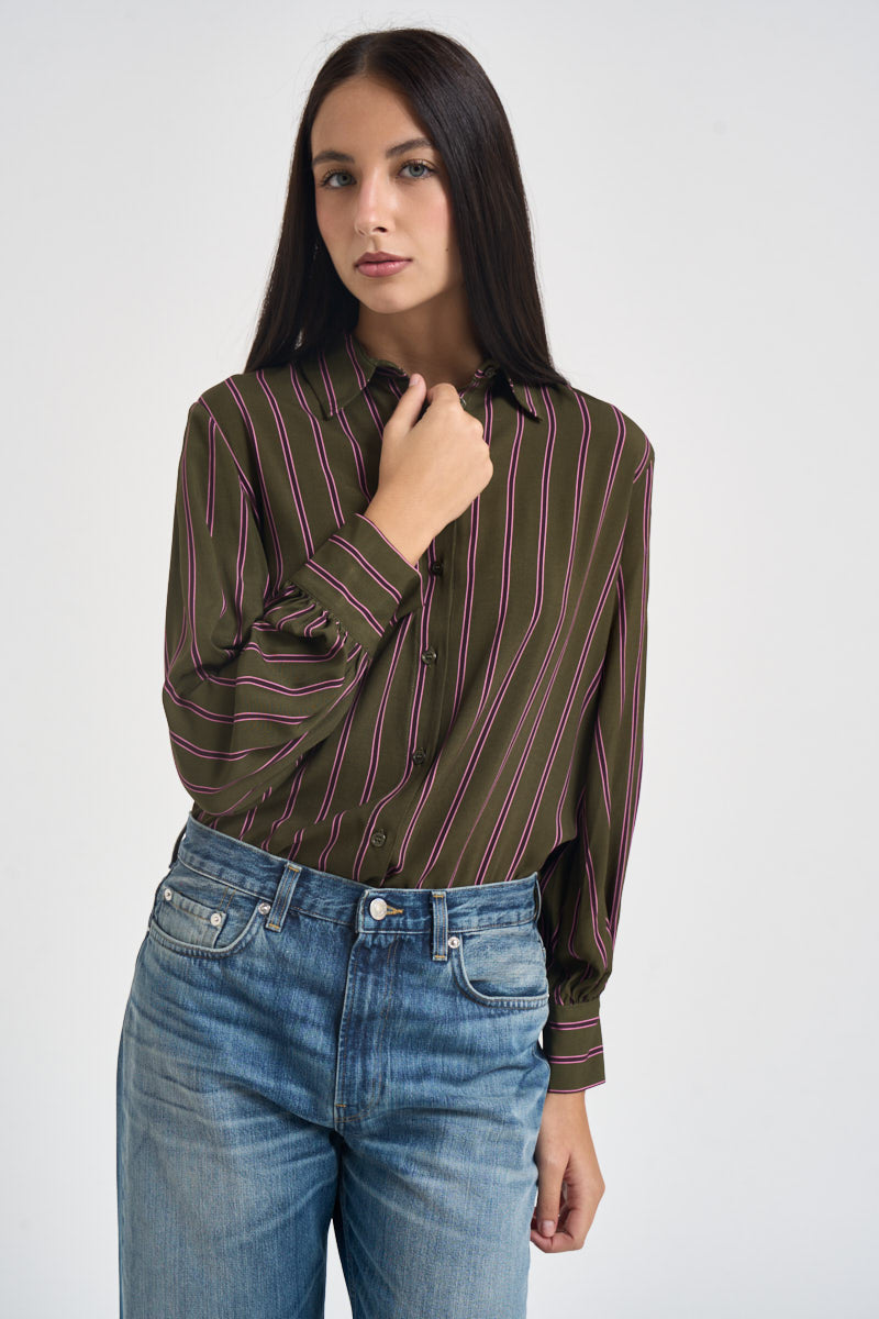 Camicia donna a righe verticali verde oliva e rosa CDQC2IR ROSA DIXIE 