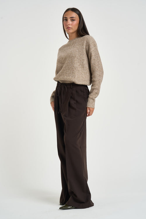Maglia donna girocollo con micro paillettes beige