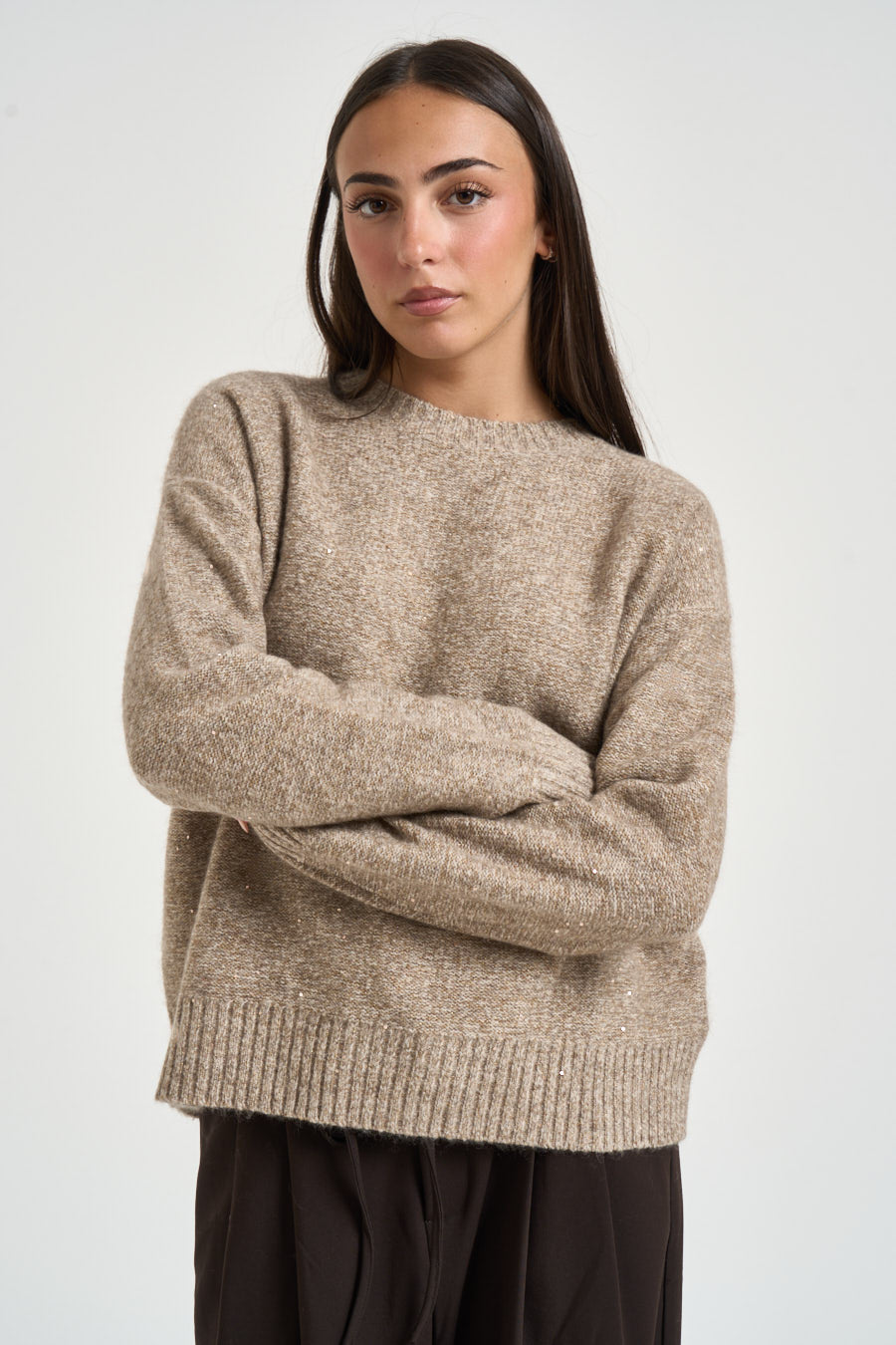Maglia donna girocollo con micro paillettes beige 0002 FANGO ELEH 