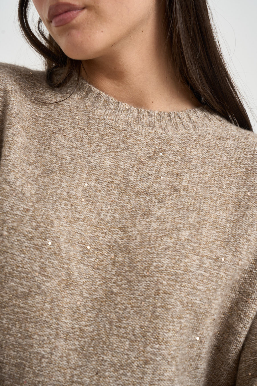Maglia donna girocollo con micro paillettes beige 0002 FANGO ELEH 